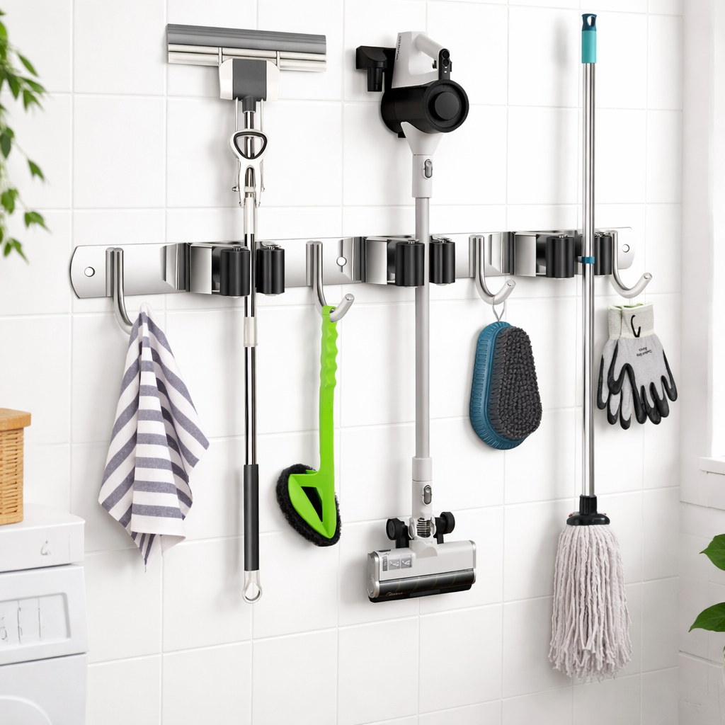Mop & Broom Holder Wall Mount – 5 Slots with Hooks